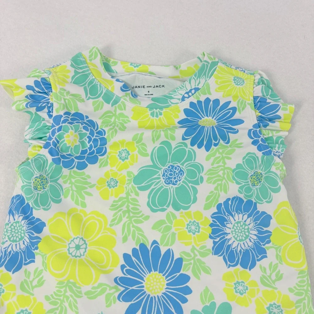 Janie and Jack Swimsuit Kids Size 6‎ Blue Green Excellent Floral Flutter Sleeve